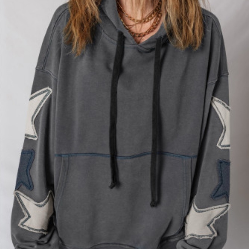 Star Patchwork  Mineral Wash Kangaroo Pocket Hoodie Sweatshirt